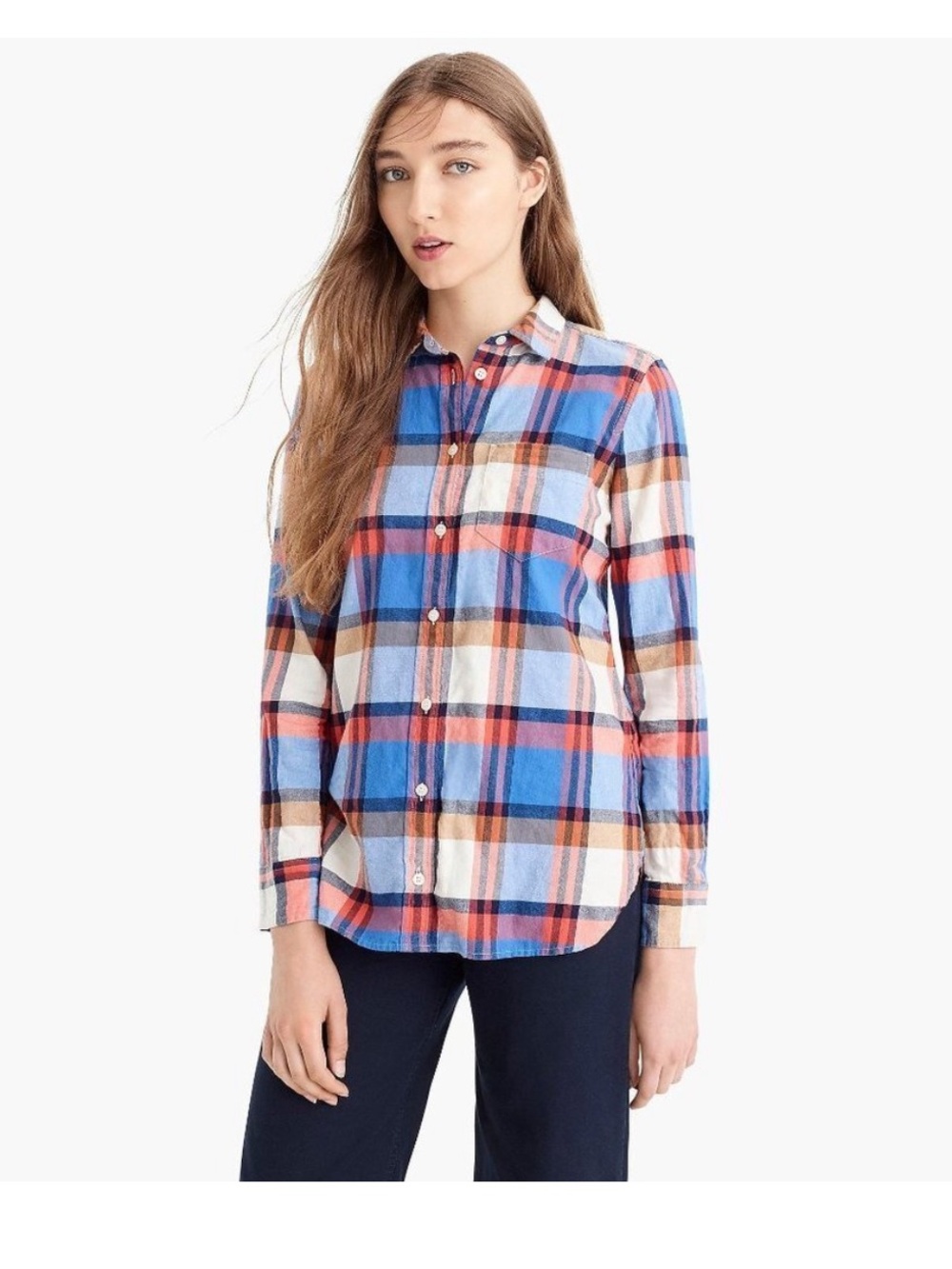 J. Crew Blue and Coral Plaid Button-Down Shirt